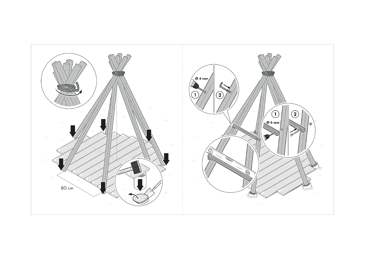 Illustrated instructions for securing the tent frame in the ground and adding the door