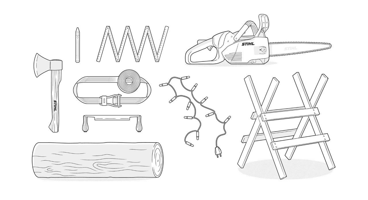 llustration: log, STIHL chainsaw, folding rule, fairy lights, STIHL axe, tension belt, saw block