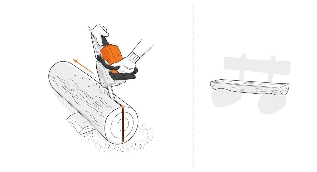Illustration: A STIHL chain saw cuts a log in the middle