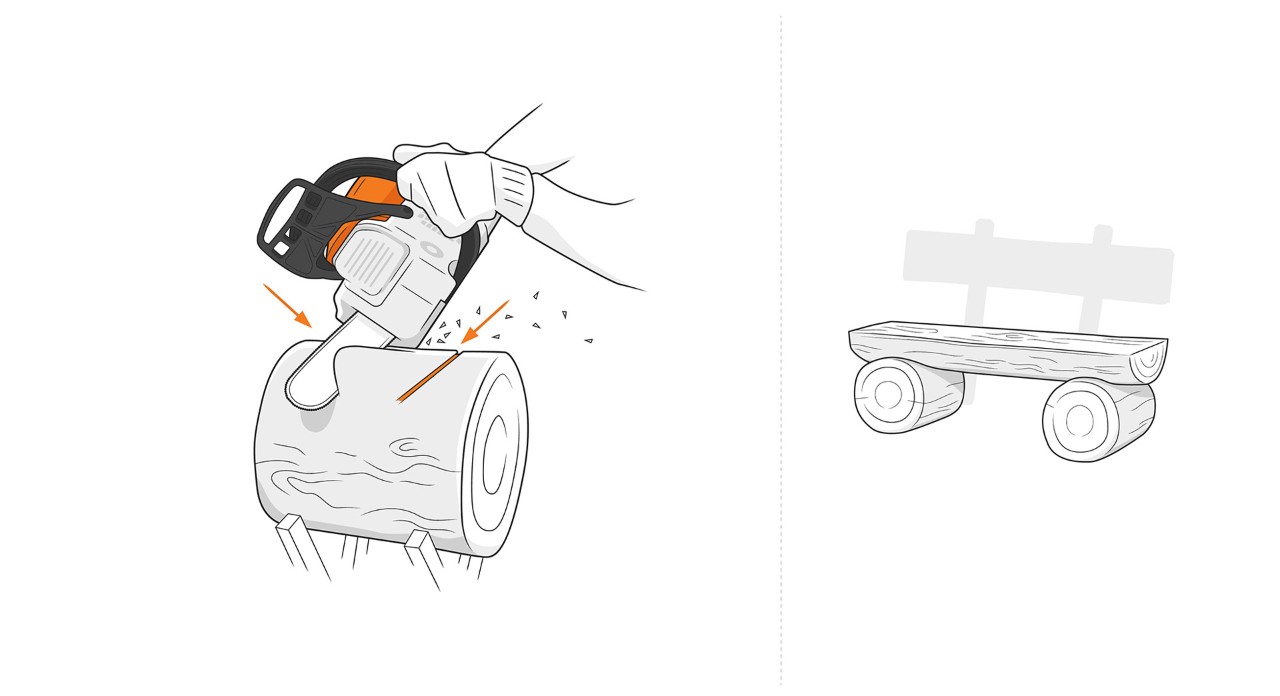 Illustration: A STIHL chain saw is used to make a v-shaped cut in the wood
