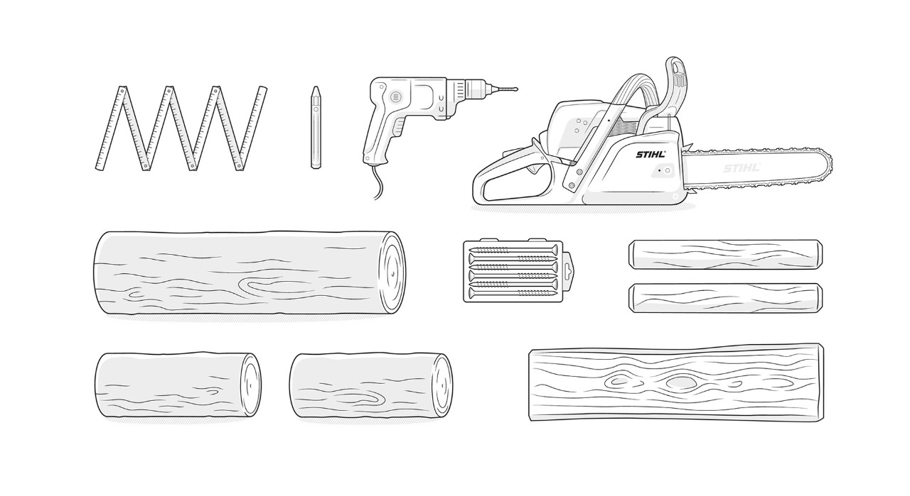 DIY garden bench: illustration of STIHL chainsaw, pencil, drill, screws, posts, logs and a plank