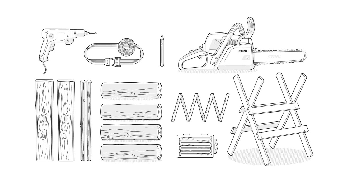 Illustration: Wood, STIHL chainsaw, drill, sawhorse, folding rule, tension belt, signing chalk