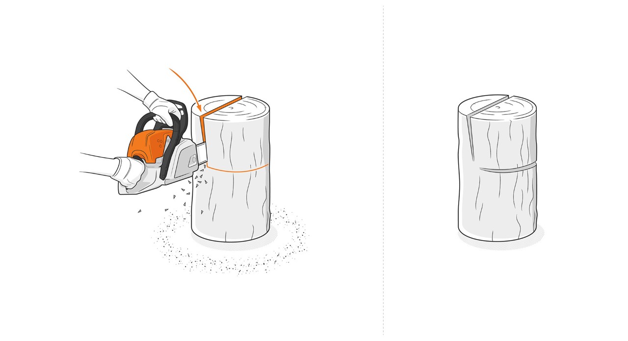 Illustration: Cuts for the backrest and seat of a log chair are sawn into a log using a STIHL chain saw