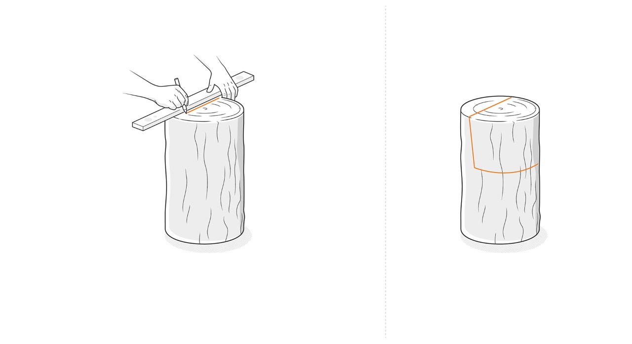 Illustration: Cuts for backrest and seat of the log chair are drawn on the trunk