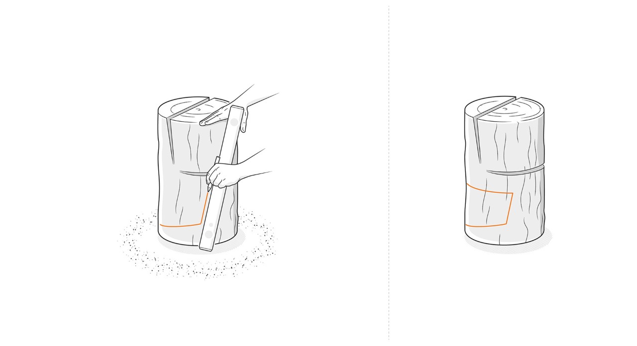 Illustration: The base cut-out for the log chair is marked