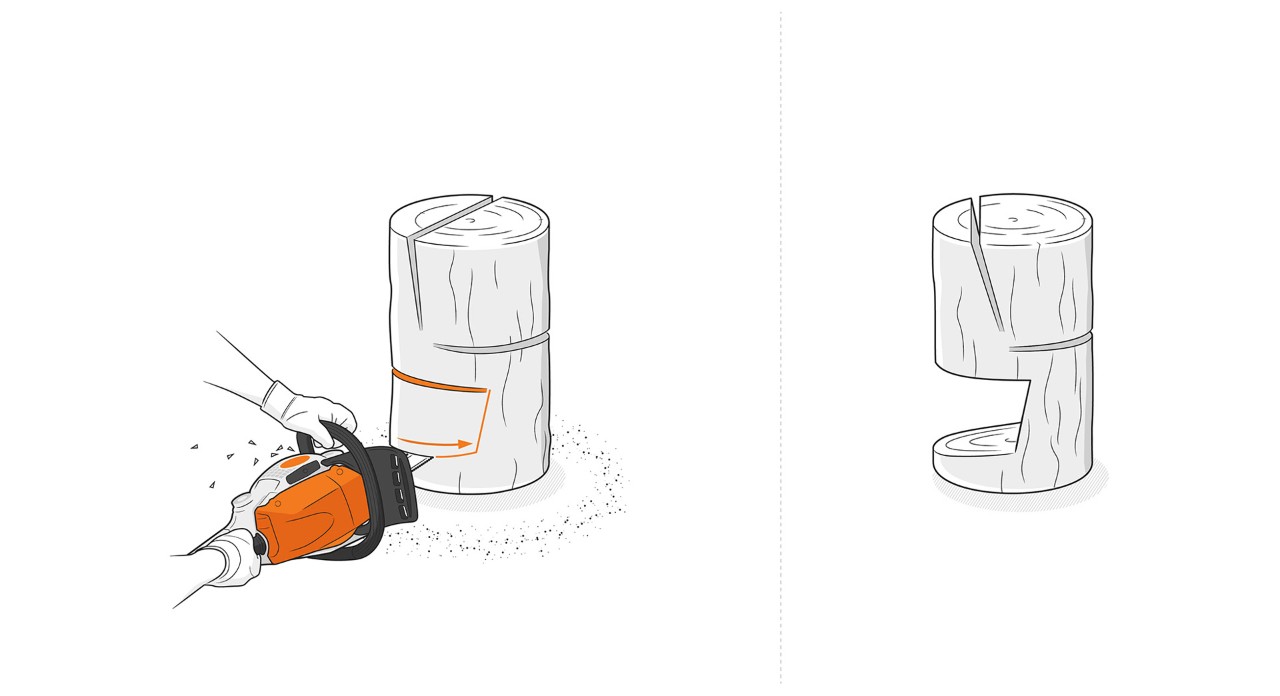 Illustration: The base cut-out for the log chair is sawn out with a STIHL chain saw