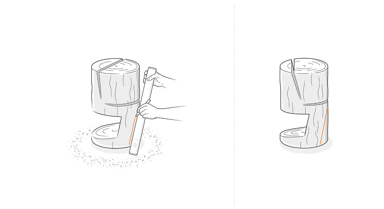 Illustration: The front cutaway at the base of a log chair is marked on the trunk