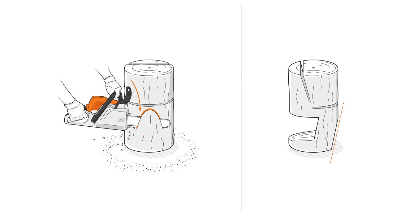 Illustration: The front of the base is cut off with a STIHL chain saw