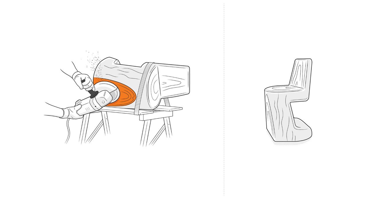 Illustration: The surface of the log chair is sanded with a sanding machine