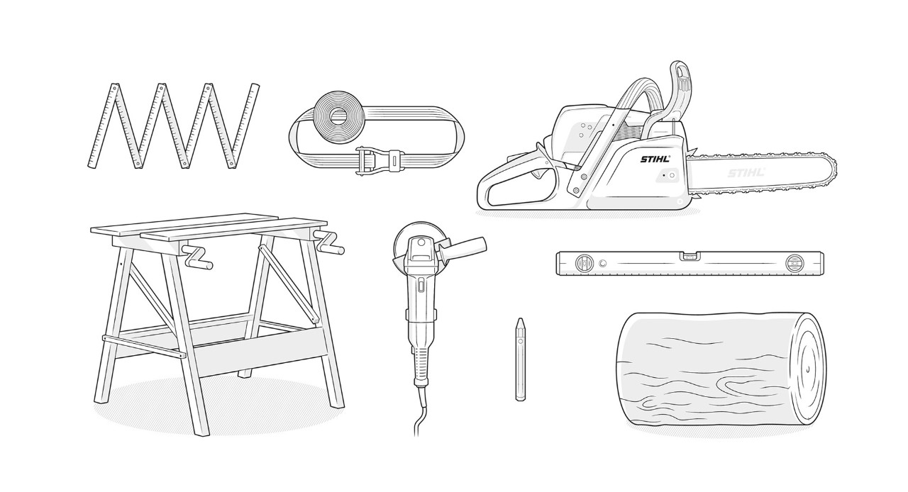 Illustration: STIHL chainsaw, log, saw block, folding rule, angle grinder, tension belt, spirit level