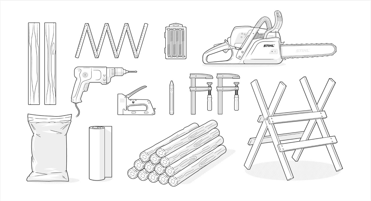Illustration: Wooden palisades, power saw, play sand, cordless drill, fleece, folding rule, saw block, screw clamps