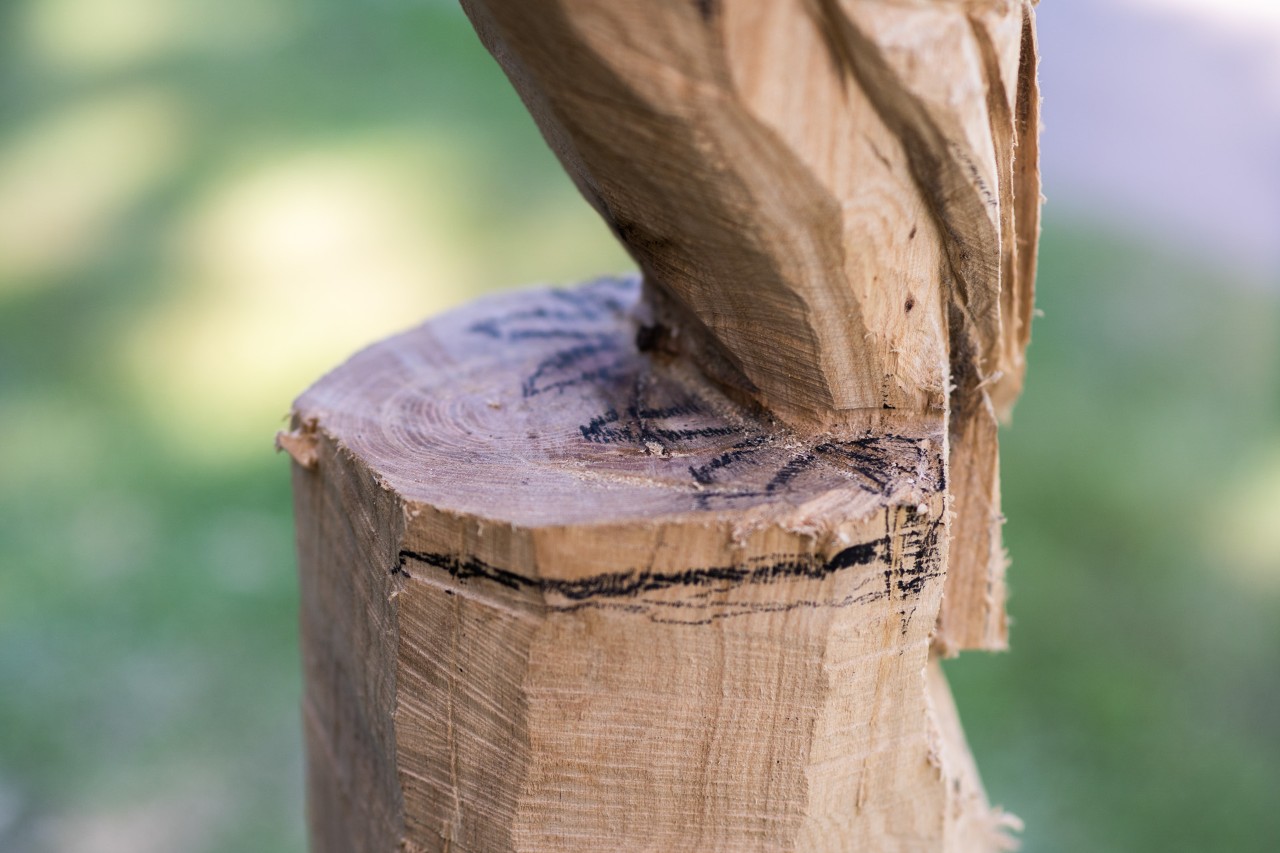 A wooden owl sculpture in progress: close-up of the base, with talons marked out.