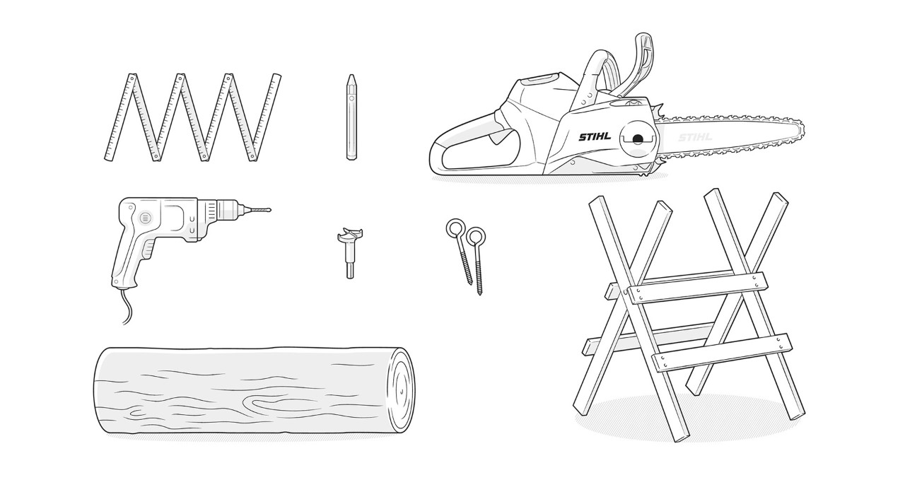Illustration: log, STIHL chain saw, folding rule, sawhorse, drill, eyebolts