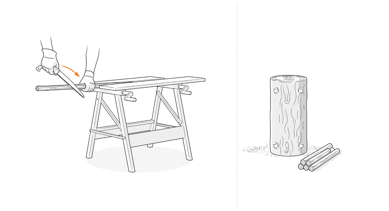 Illustration: Branches for legs and neck are cut to length with a pruning saw