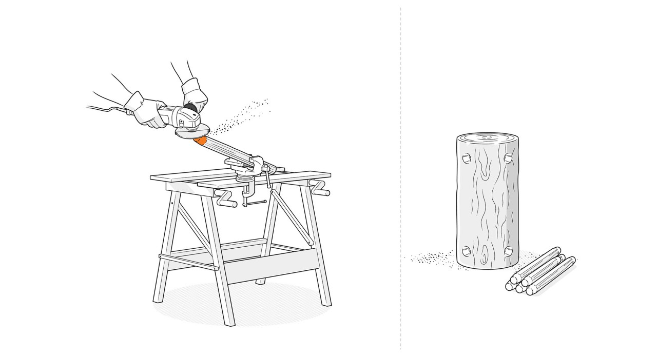 Illustration: In a vice the ends of the branches are sharpened with an angle grinder