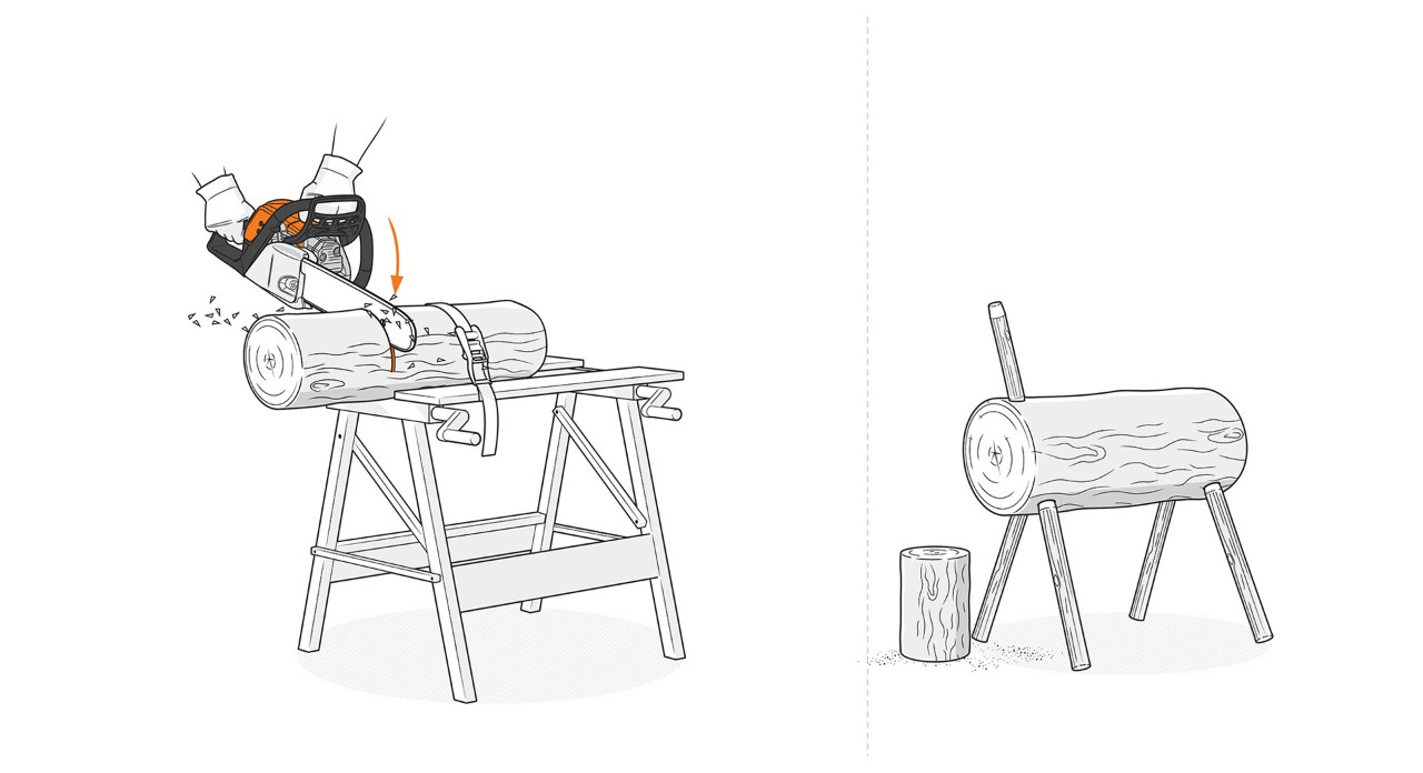 Illustration: The smaller trunk piece for the reindeer is cut to length on the workbench