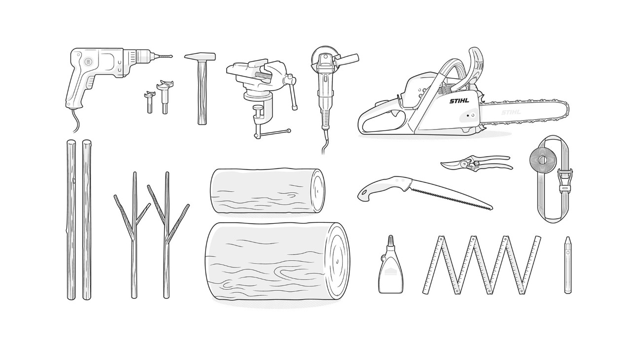 Illustration: equipment for building a log reindeer, including chainsaw, logs, drill, folding ruler, wood glue