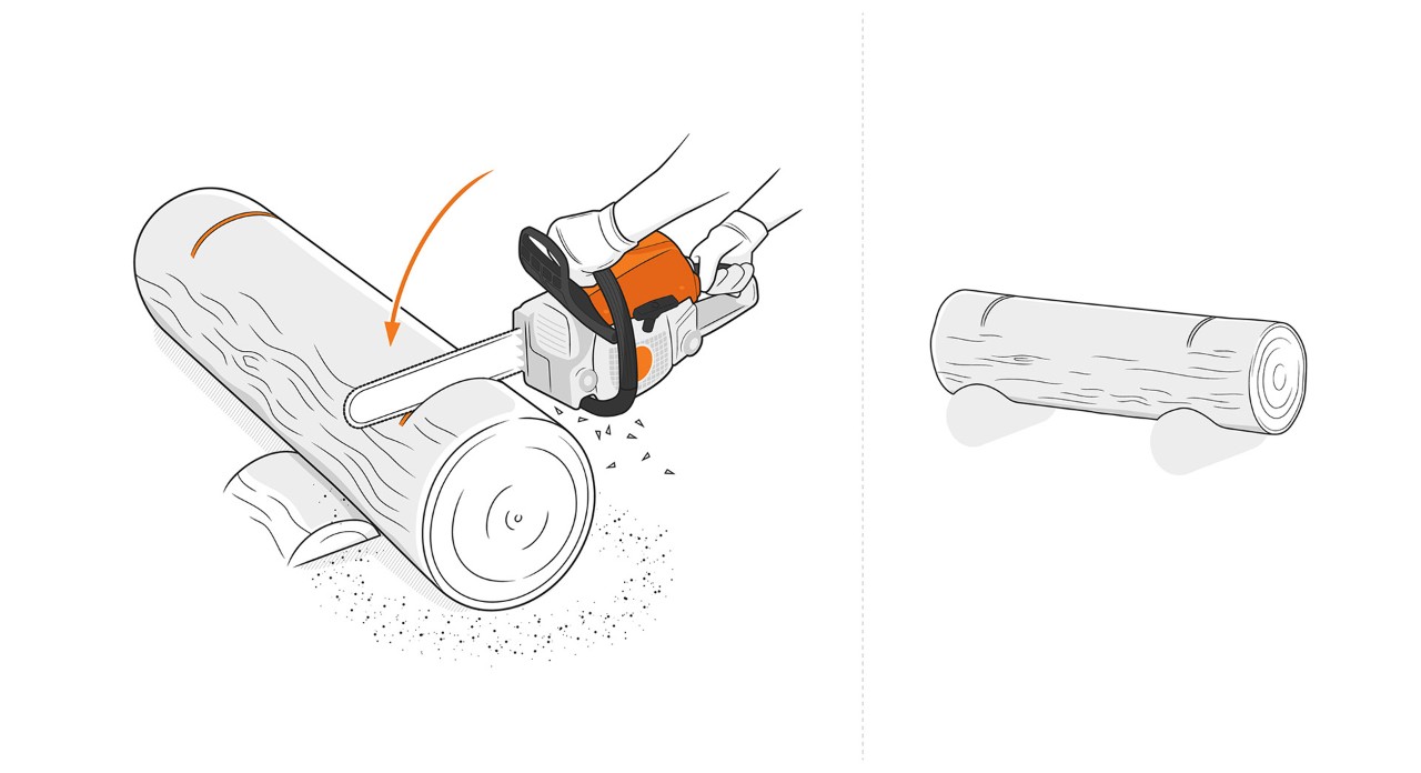 Illustration: End edges of a log are sawn with a STIHL chainsaw to build a planter box.