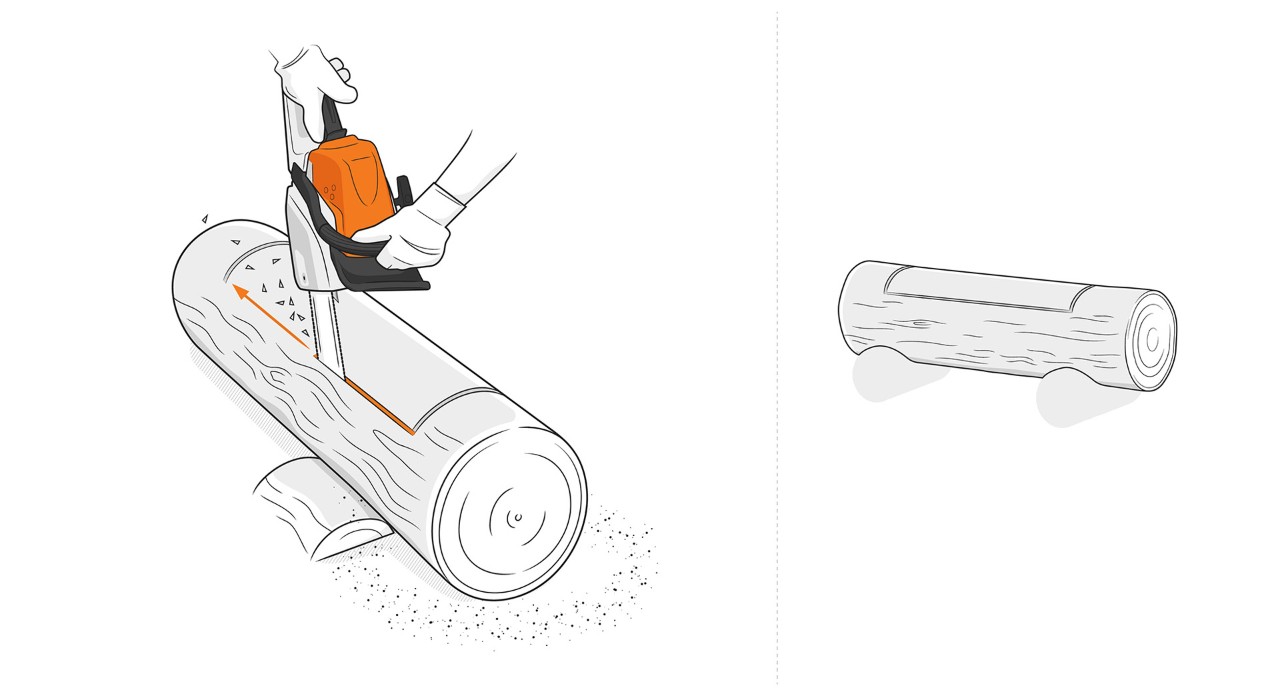 Illustration: To build a planter box, an opening is sawn into a wooden trunk with a STIHL chain saw.