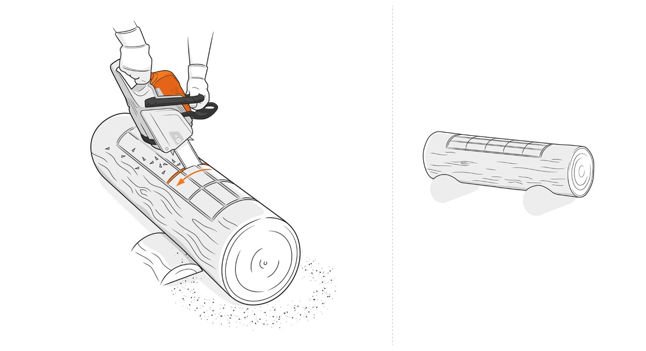 lllustration: A chainsaw is used to saw longitudinal cuts on the top of a wooden trunk 