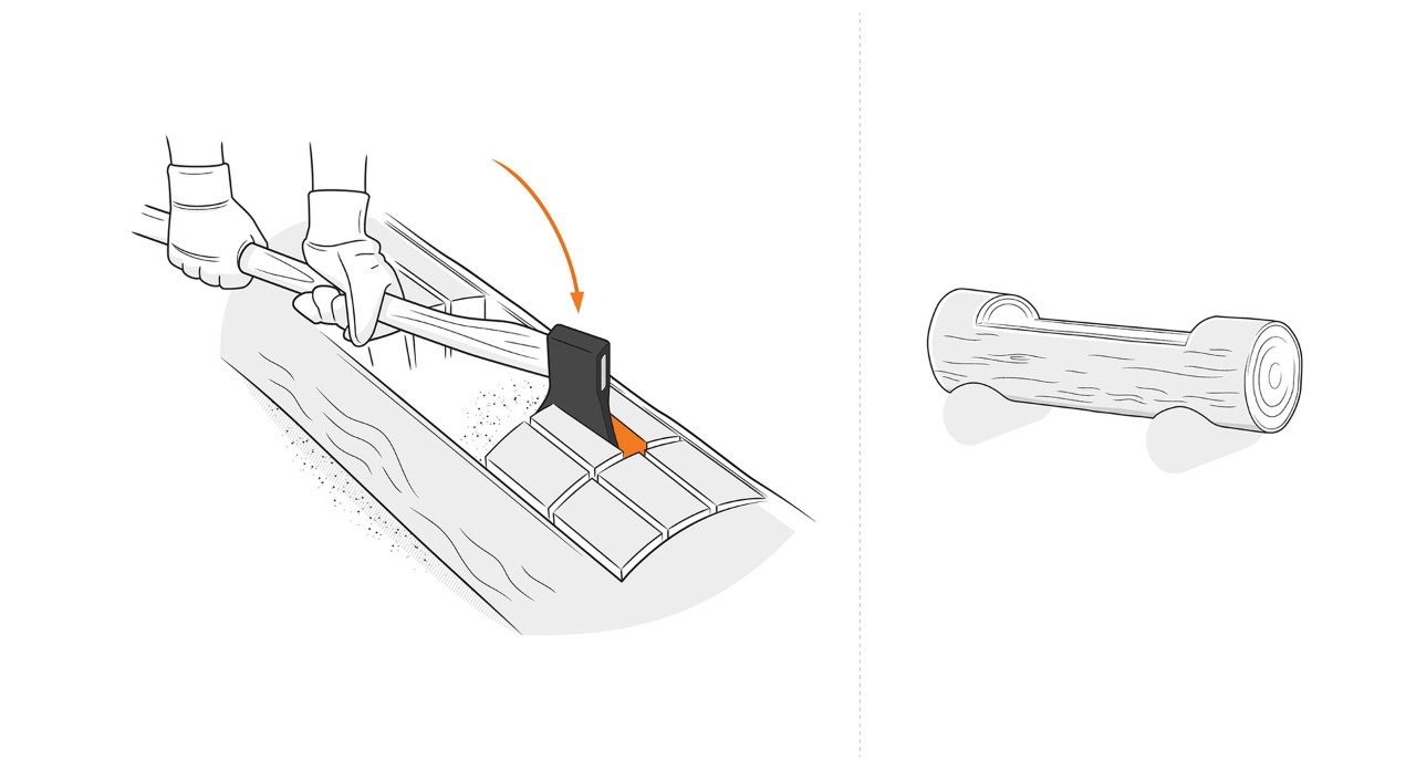 Illustration: A hatchet is used to break prepared blocks out of a wooden trunk 