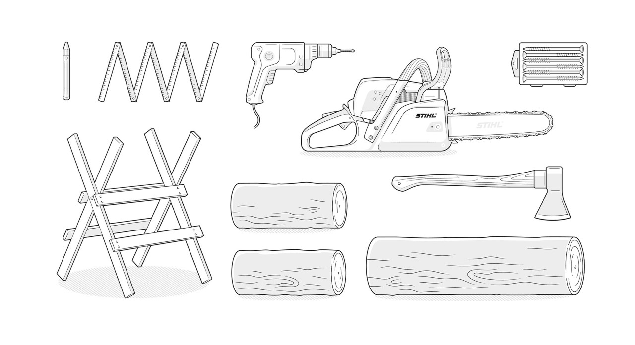 Illustration: STIHL chainsaw, logs, axe, saw block, folding rule, screws, drill screwdriver
