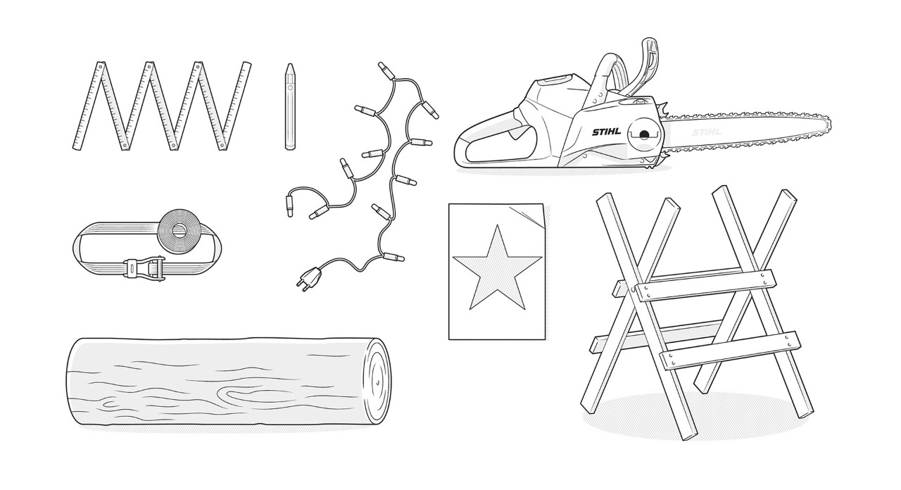 Illustration showing tools and materials required: section of trunk, STIHL chainsaw, carpenter’s rule, string of fairy lights, lashing strap, sawhorse, star template