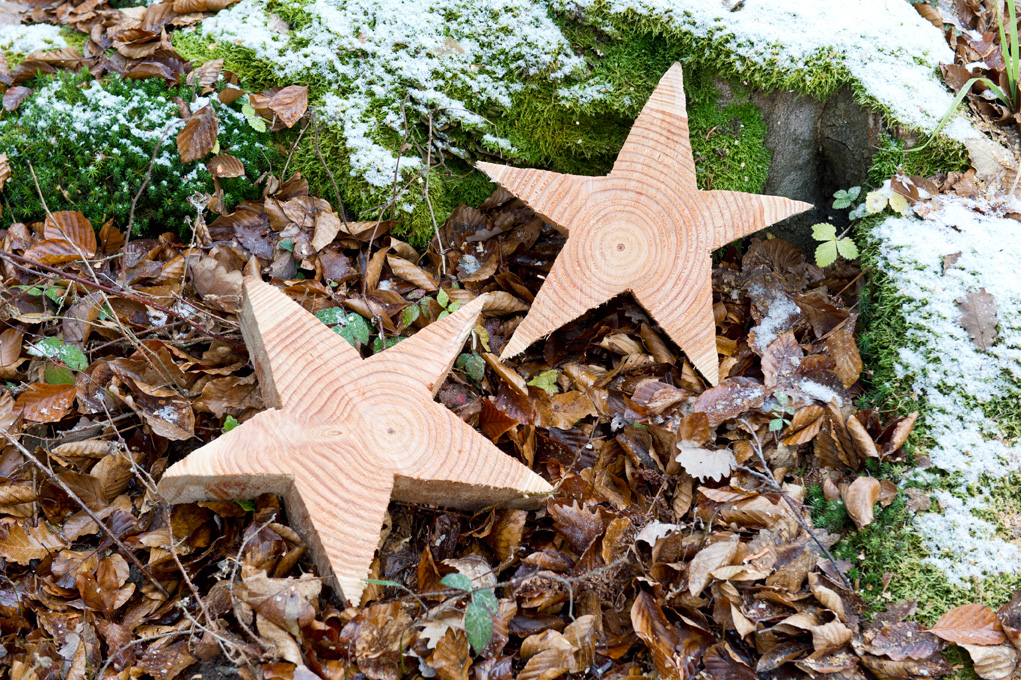 DIY wooden stars among brown foliage and snow-covered moss