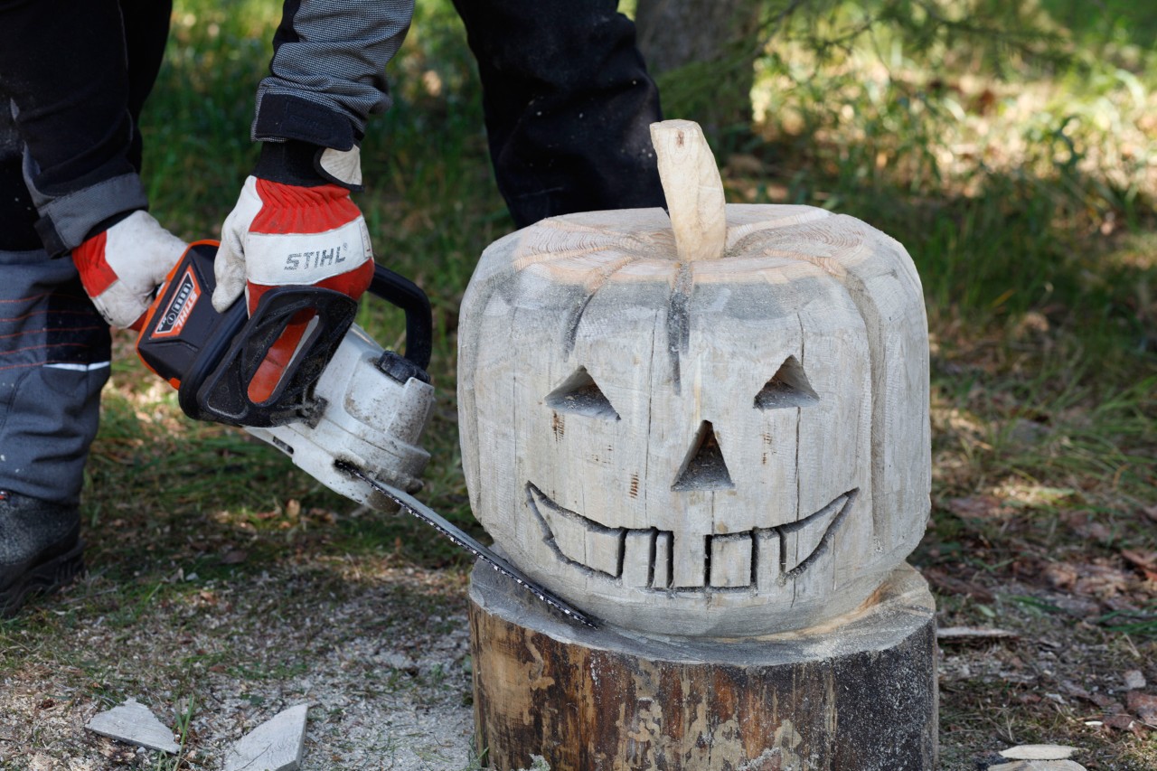 A wooden pumpkin being shaped with a STIHL MSA 140 C chainsaw
