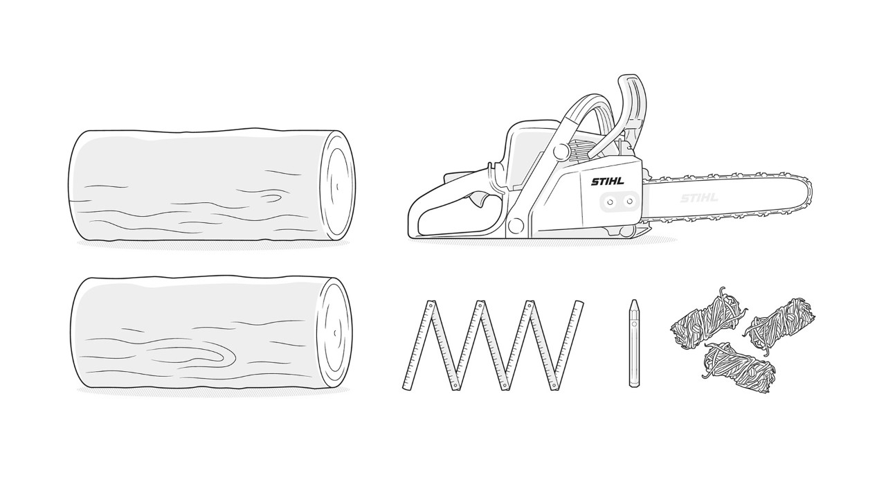 Illustration: Wood, STIHL chainsaw, folding rule, pencil, barbecue lighter