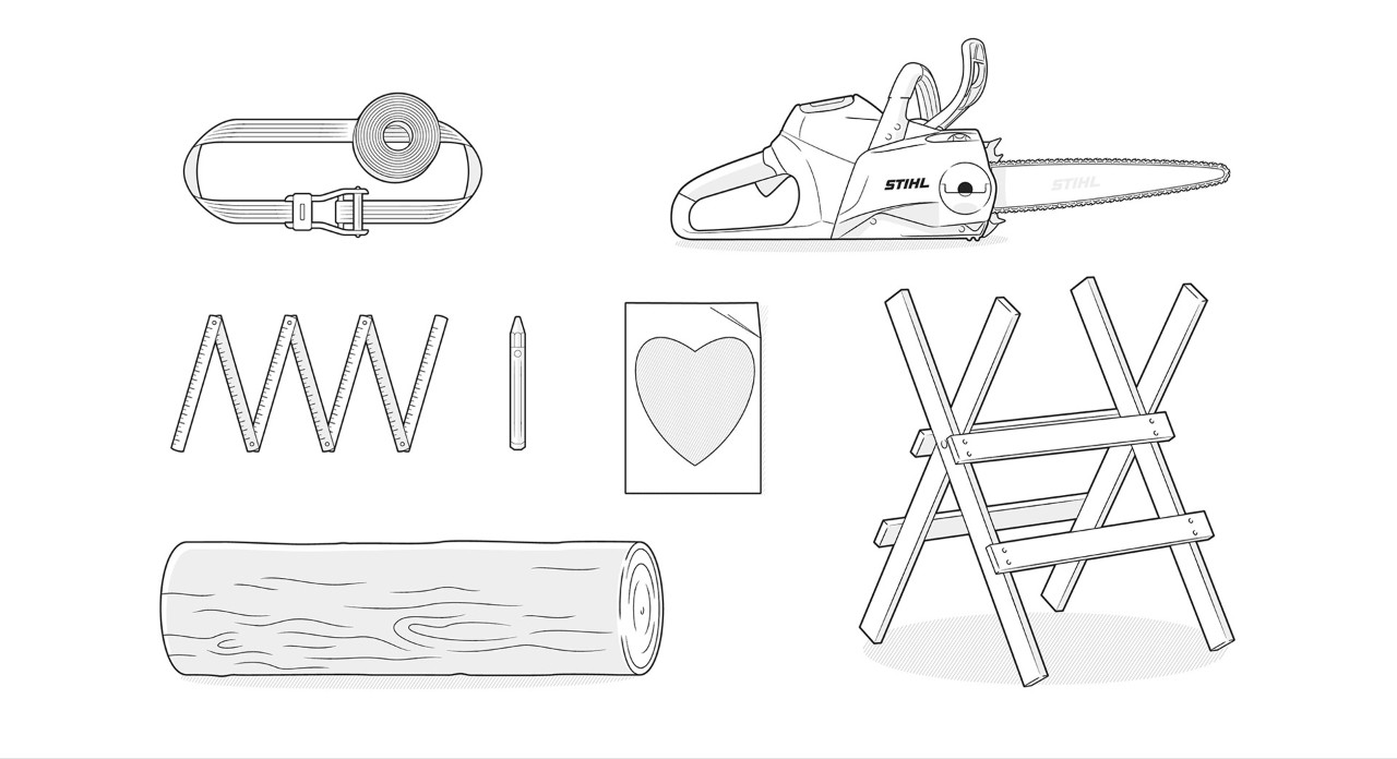 Illustration: Logs, STIHL chainsaw, folding rule, tension belt, heart template, saw block, pencil