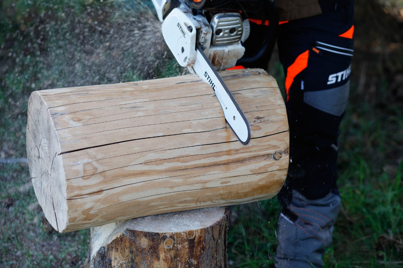 DIY stool with log seat: A log being cut to length with a STIHL MS 231 C petrol chainsaw
