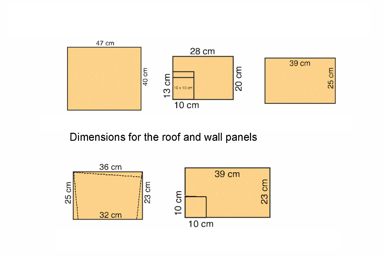 Diagrams showing the cutting dimensions for the wood for building a hedgehog house