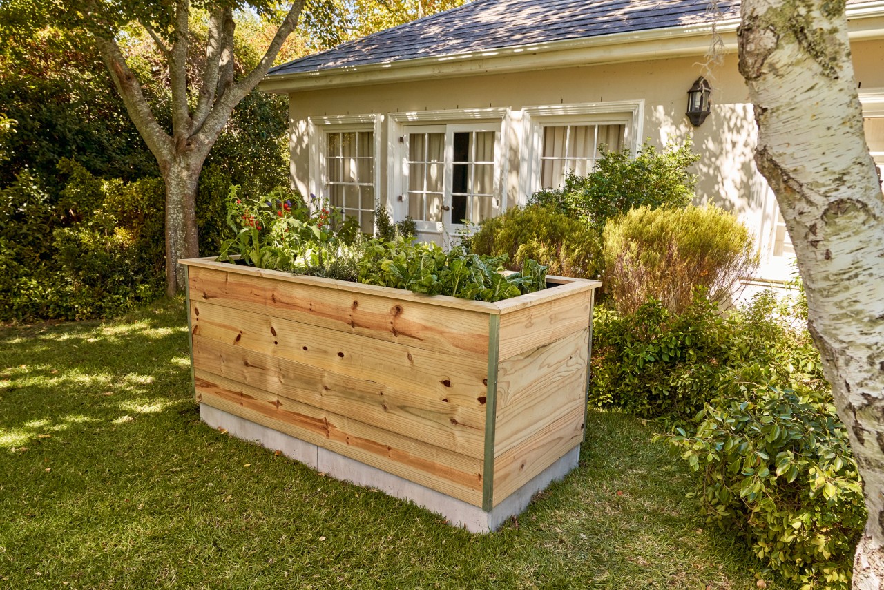 Planted DIY raised garden bed made from wooden boards in front of a house