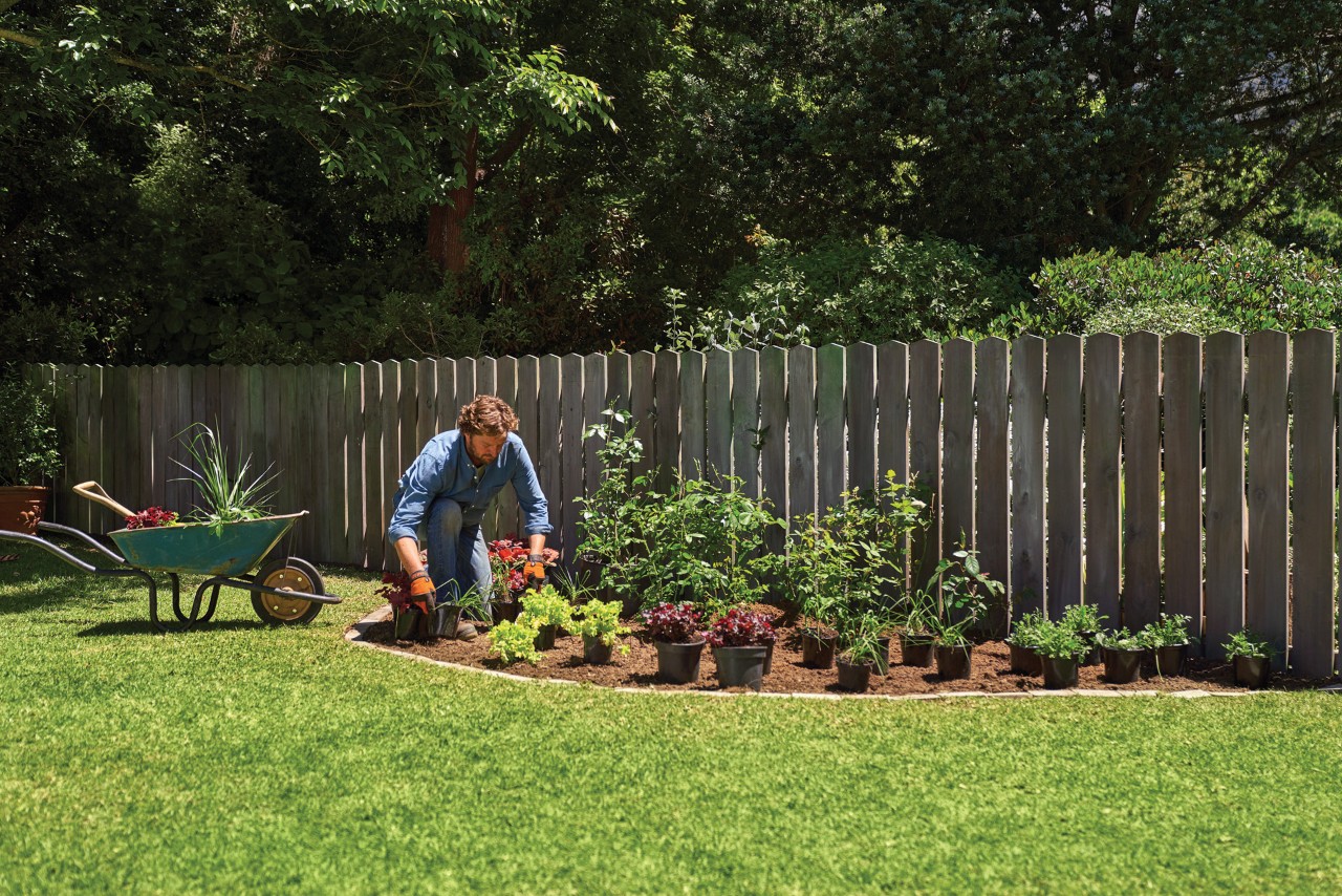 A man arranging potted plants on a garden bed