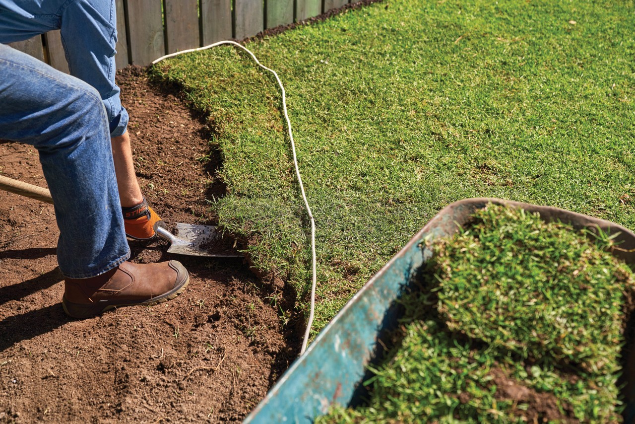 A person digs up sod in the garden with a spade to plant a perennial bed
