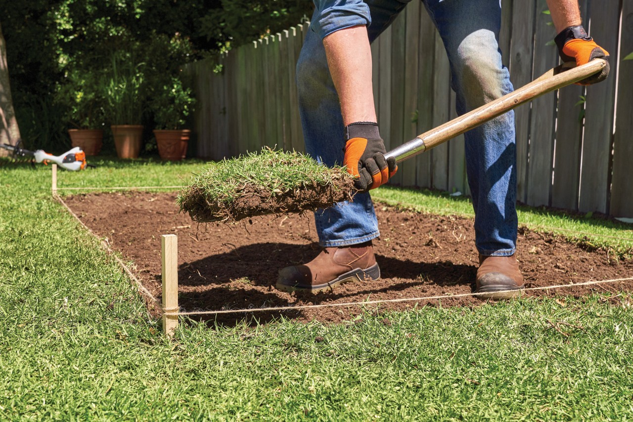 A man staking out the outlines of a vegetable patch on a lawn beside a wooden fence
