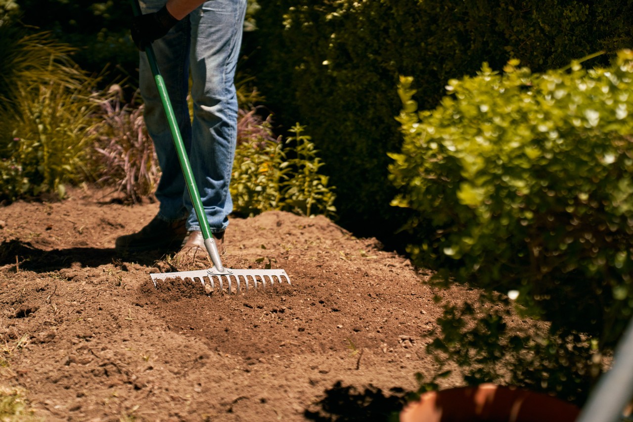 Earth being raked by someone wearing gloves