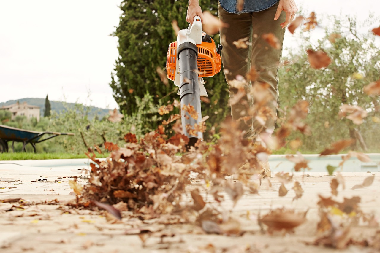 Leaves being thrown into the air by the STIHL BG 56 leaf blower