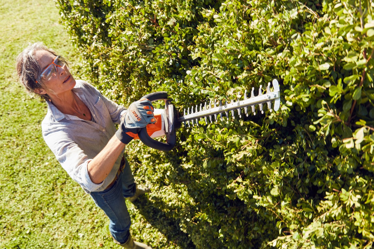 Overhead view: a woman wearing safety glasses and gloves trims a tall hedge with a STIHL HSA 56 cordless hedge trimmer