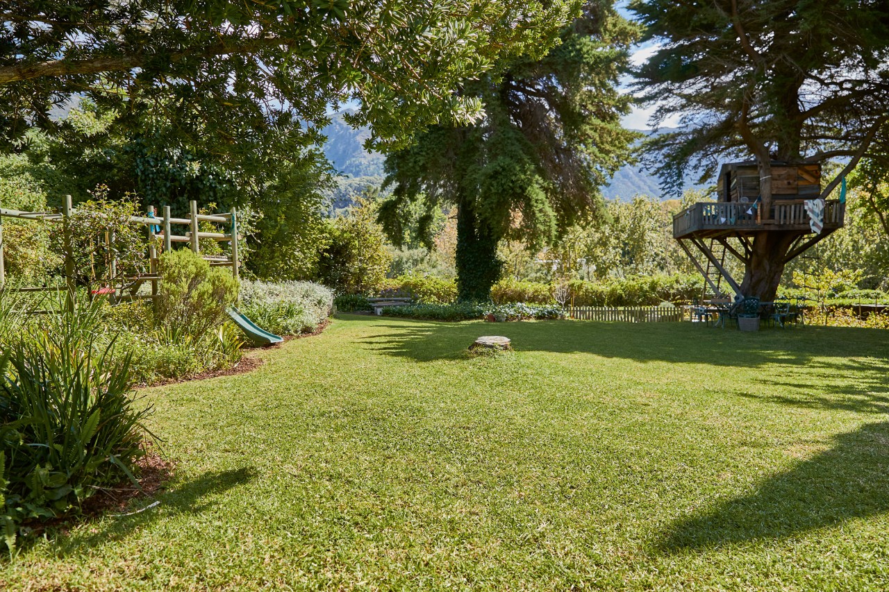 A large lawn in a garden with trees, freeform flower beds and a tree house.