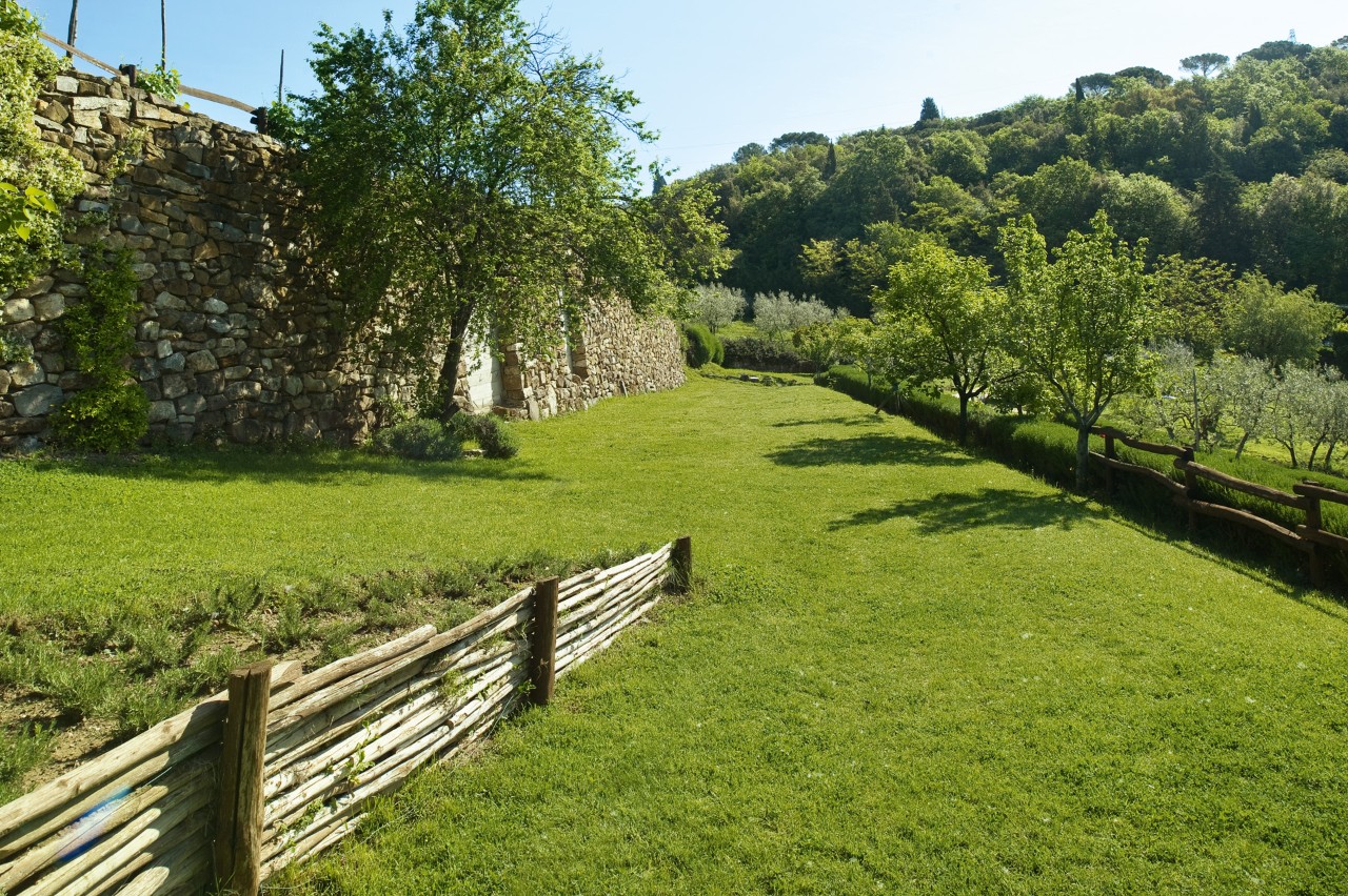 A large area with mowed green grass and tall trees in the distance and a rustic wooden fence in the foreground