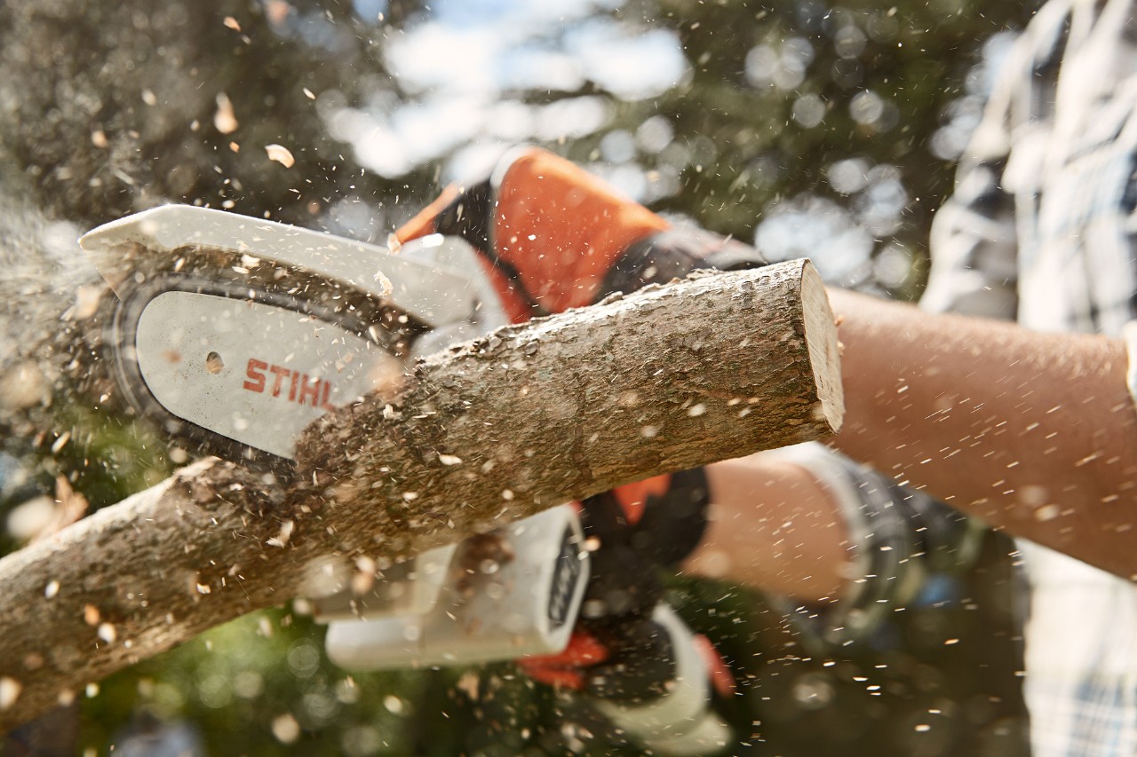 Close-up of a STIHL GTA 26 garden pruner being used to cut through a branch