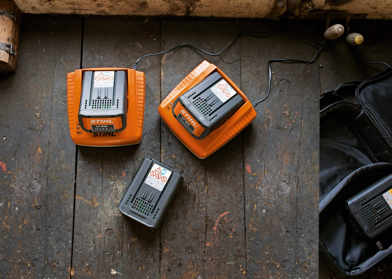 STIHL lithium-ion batteries being charged