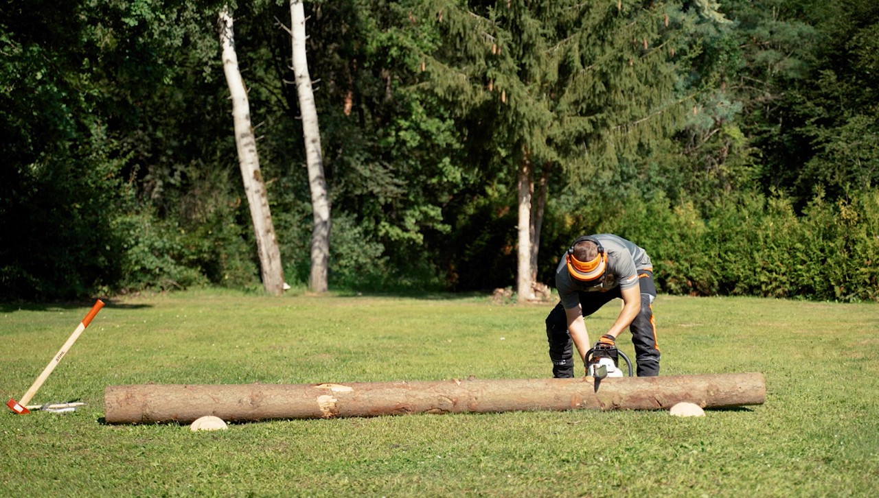 A person wearing protective gear starts cutting a tree trunk into firewood by using a STIHL chainsaw