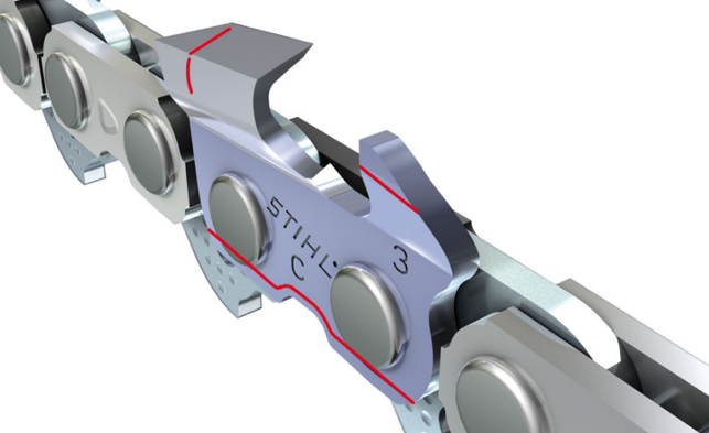 STIHL chainsaw chain diagram showing the wear markers highlighted in red