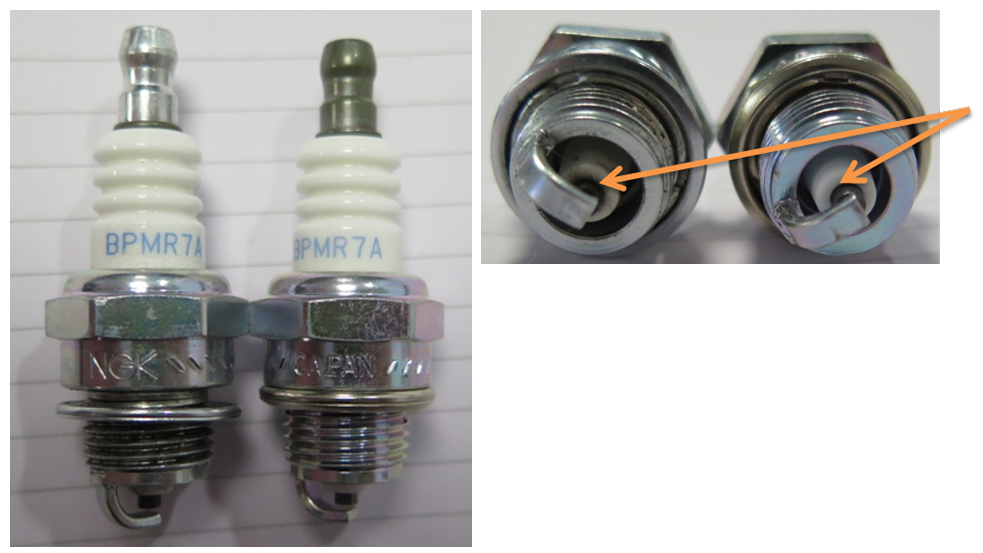 STIHL and standard spark plugs side by side with differences pointed at by arrow