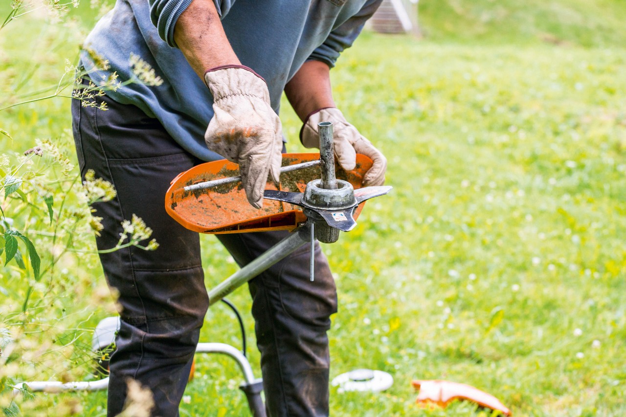 A man wearing gloves cleans the cutting tool of a STIHL FS 131 brushcutter.