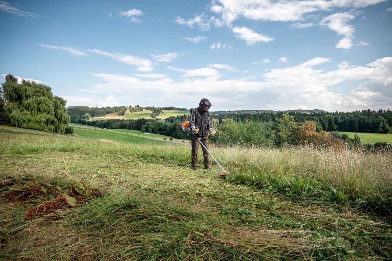 Person mowing large area of level ground with a STIHL FS 230 grass trimmer
