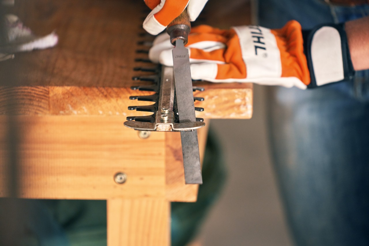 Close-up of a flat file being used to sharpen a hedge trimmer blade that overhangs a workbench by someone using gloves.